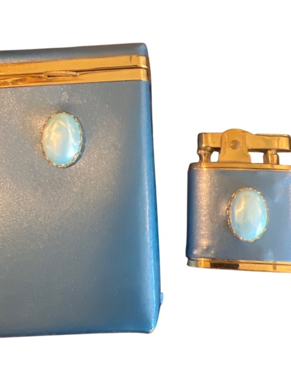 St Thomas blue vinyl cigarette case with jewel & matching lighter set vintage